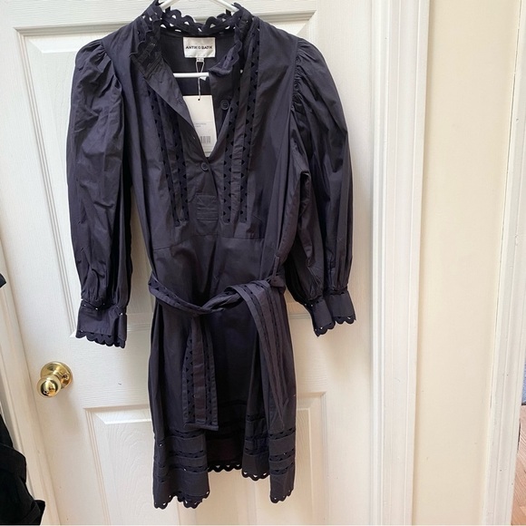 NEW Antik Batik Mali navy blue long sleeve button lace dress puff sleeve 40 - Picture 4 of 13